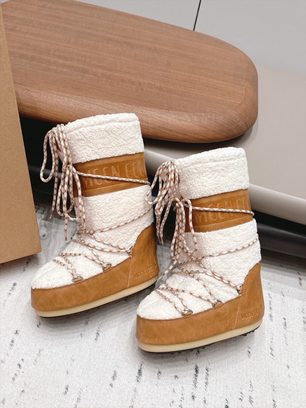 Moon Boot Women's Sherpa Winter Boots in Cream and Tan